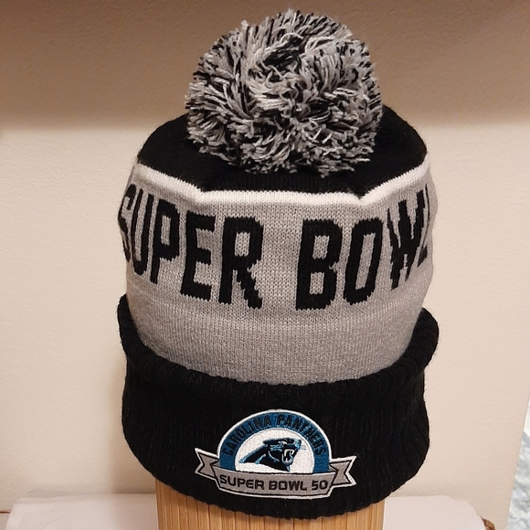 NFL Knit Hat Fleece lined Super Bowl 50 Panthers Patch Gray Black - Picture 4 of 12